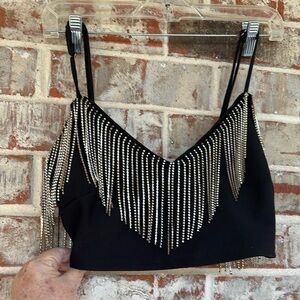 Hot & Delicious Black Rhinestone Fringe Club Wear Crop Top